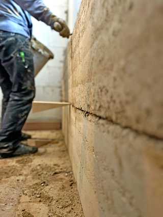 Montage von vorgefertigten Wandelementen, die mit einem Lehmkleber an die Wand gepresst werden