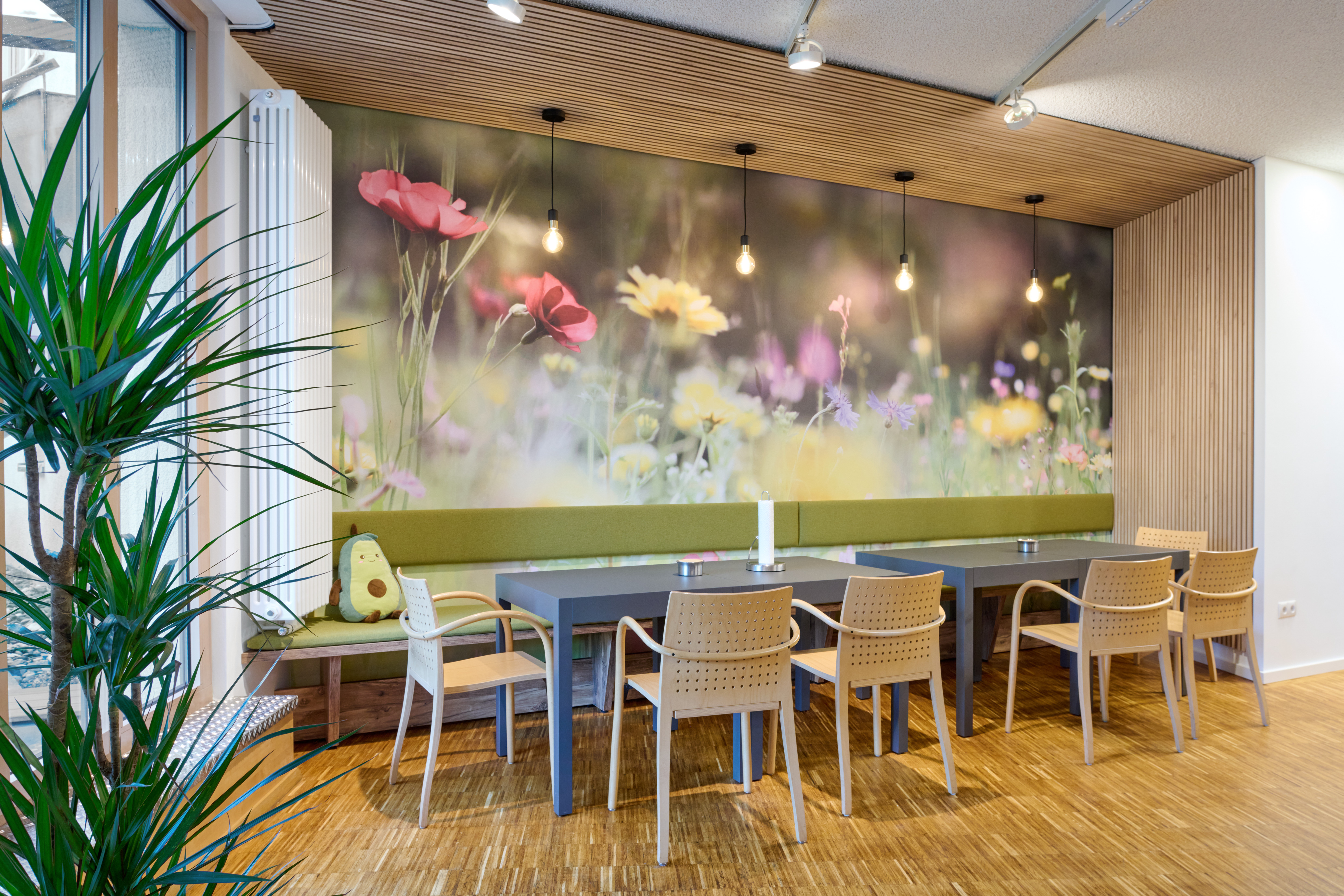 In den Aufenthaltsräumen der Gemeinnützige Wohnstättengenossenschaft Hagen eG sind die Digitaldrucktapeten mit Anklängen an die Natur die Hin-gucker Nummer 1