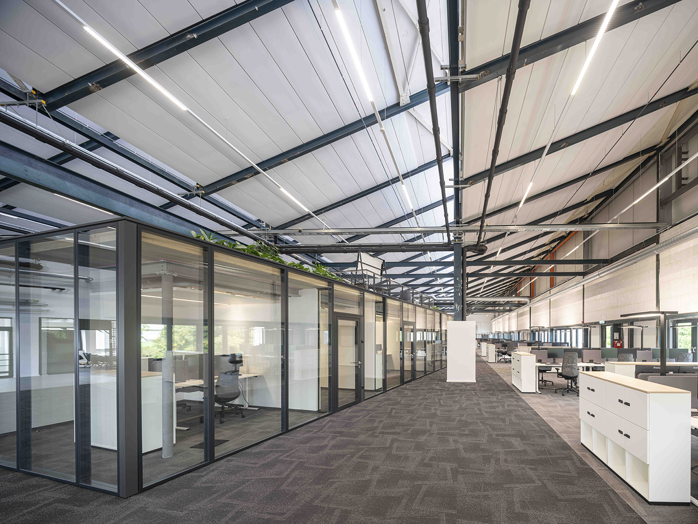 Mit Ganzglaswänden von Strähle entstand in der ehemaligen Fertigungshalle eine moderne, vielseitig nutzbare Bürolandschaft