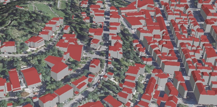 3D-Gebäudemodelle LoD2 eingebettet in Geländemodell und Orthophotos