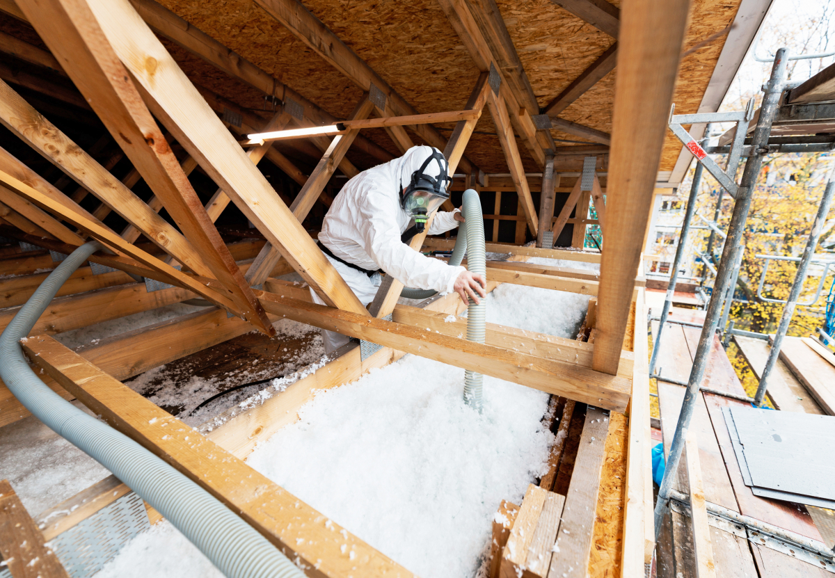 Das maschinelle Einblasverfahren ermöglicht auf der obersten Geschossdecke eine fugenlose und gleichmäßige Verfüllung der Dämmung ?Pure Floc? von Ursa, selbst in schwer zugänglichen Bereichen