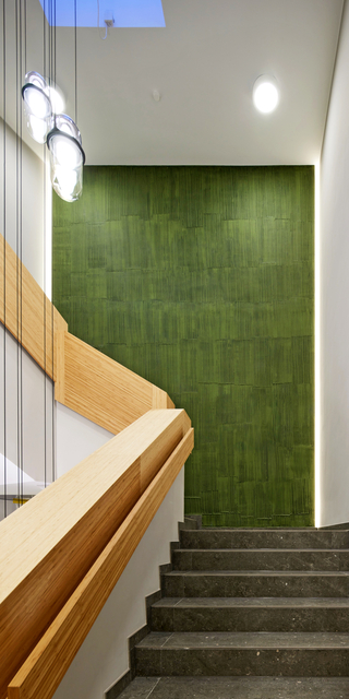 Als besonderen Hingucker schuf der Betrieb Kintrup Malermeister mit der Brillux Kreativtechnik Bamboo im Treppenhaus der Zahnklinik eine besondere Bambusoptik über die Kopfwände aller vier Etagen