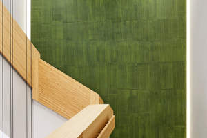  Als besonderen Hingucker schuf der Betrieb Kintrup Malermeister mit der Brillux Kreativtechnik Bamboo im Treppenhaus der Zahnklinik eine besondere Bambusoptik über die Kopfwände aller vier Etagen 