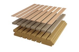  Die Akustikpaneele„smartline“ und „smartline fr“ kombinieren eine geschlitzte MDF-Trägerplatte mit einem integrierten Holzwolleabsorber 