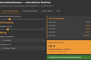   Der „EasyFlow“-Lastklassenrechner: Zu sehen ist die Ergebnis Lastklasse 3 mit vollständigen Berechnungsdetails (Personen-, Material- und Gesamtlast).  