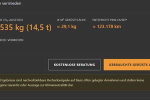   Der „EasyFlow“- CO₂-Rechner: Bei einem 500 m² großen gebrauchten Fassadengerüst werden rechnerisch 14,5 t CO₂ vermieden – das entspricht rund 123.000 gefahrenen Pkw-Kilometern. 
    