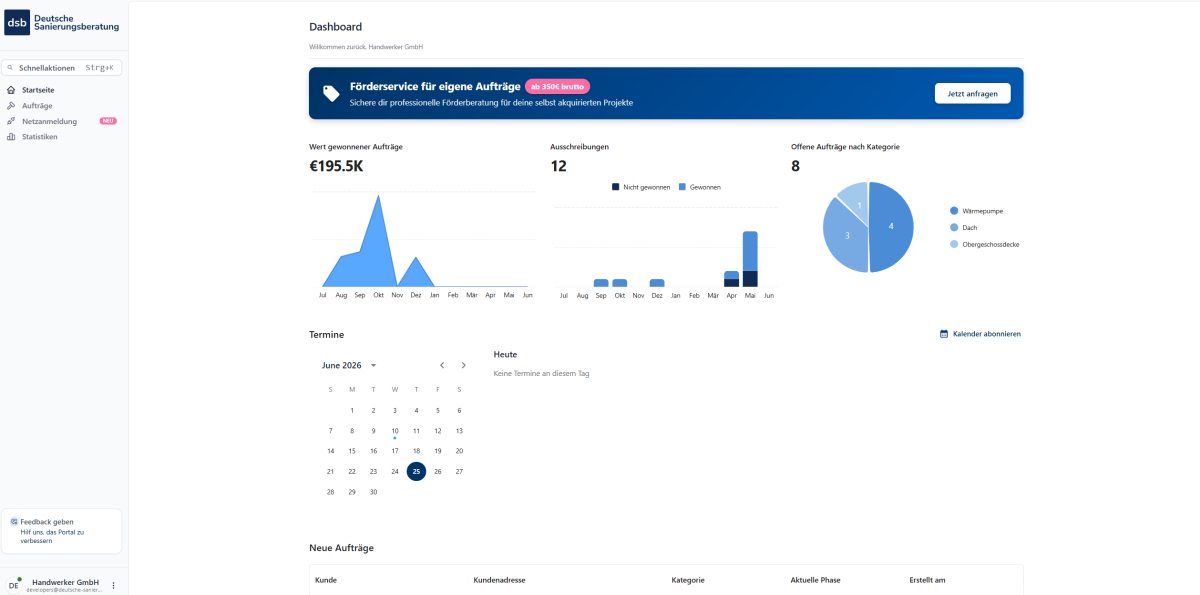 Bei der Deutschen Sanierungsberatung sehen Handwerker im Dashboard ihre Aufträge