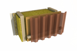  Außenwandaufbau: Gelochte Kupfertrapezblech-Fassade auf ­Unterkonstruktion, Windpapier, 3 cm Holzfaserdämmplatte, KVH (b/h = 28 x 6 cm, e = 80 cm), 28 cm Steinwolle, 22 mm OSB 4 Top, Oberflächenbehandlung.Fotos und Zeichnung: Egger  