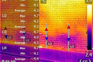  Das Wärmebild hilft dabei nachvollziehen zu können, wie Salze die thermischen Eigenschaften des Mauerwerks beeinflussen und wie sich mit Feuchtigkeit gesättigte Luft auf aufsteigende Feuchtigkeit auswirkt 