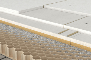  3-lagiger Aufbau eines Trockenestrichs mit Wabenschüttung (links) und Wärmedämmschüttung (rechts) Repro: Fermacell 