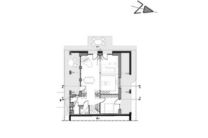  Grundriss Erdgeschoss, Maßstab 1:200 1 Wohnen 2 Küche 3 Essen 4 Flur 5 Gästezimmer 6 Gäste-WC 7 Abstellraum 8 Terrasse 9 Schlafen 10 Arbeiten 11 Musikzimmer 12 Haustechnik 13 Bad und WC 14 Überdachter Sitzplatz 