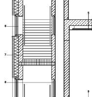  	1	Konisches Gewölbedach
	2	Wasserspeier
	3	Begrüntes Flachdach
	4	Perimeterdämmung mit Kupferverwahrung
	5	Boden aus Stahlbetondecke, Metall-UK und GK-Beplankung
	6	Festverglaste Holzfenster
	7	Wand aus Stahlbeton, 
		Dämmung und Abbruchziegeln
	8	Beleuchtung mit Glasabdeckung
	9	Stahlbetondecke
	10	Sockel aus Stahlbeton, 
		Abbruchziegeln, 
		Perimeterdämmung, 
		Dichtschlämme und Drainvlies
 