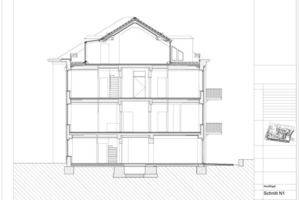  Schnitt Haus 1, Maßstab 1:250 (je Farbe eine Wohnung) 