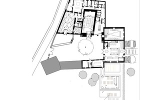  Grundriss HofgeschossZeichnungen: Hille Architekten BDA	1	„Kuhkapelle“/Restaurant	2	Küche	3	Barriquekeller	4	„Gelenk“/Verbindungsbau	5	Museum Weber-Grill	6	Weinscheune	7	Weber-Grillakademie	8	Vorbereitungsküche 