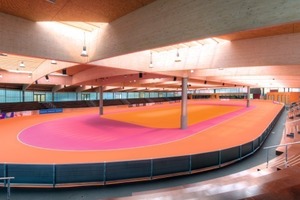  Das ovale Bauwerk gleicht einem Amphitheater und wird von einer trägerrostartigen Dachkonstruktion aus BS-Holz-Bindern überspannt, die außer auf Randstützen nur auf vier Innenstützen ruht 