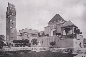  Lichtdruck (1908) des Hochzeitsturms und des Ausstellungsgebäudes auf der Mathildenhöhe in Darmstadt 