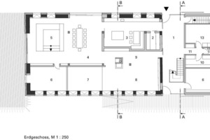  Grundriss Erdgeschoss	1	Eingang	2	Speisekammer	3	Küche	4	Esszimmer	5	Wohnzimmer	6	Arbeitszimmer	7	Musikzimmer	8	Leben und Tanzen	9	Flur / Bibliothek	10 	Privatgarderobe	11	Garderobe	12	WC	13	Hauswirtschaftsraum	14	Ankleide	15	Luftraum	16	Gästezimmer	17	Bad Gast	18	Sauna	19	WC Kind	20	Bad Kind	21	Spielzimmer	22	Kinderzimmer	23	Spiel- und Arbeits-		zimmer	25	Bad Eltern 