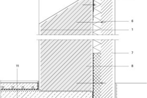  	1	Wandaufbau: Außenputz, Vormauerwerk, Dämmung, Putz + Mauerwerk (Bestand)	2 	Sturz Vormauerwerk	3 	Putzträgerplatte	4 	Holzfenster	5 	Fensterbrett Faserbeton	6 	Halterungsanker	7 	Sperrschicht	8 	Wandaufbau Sockel: Wasserabweisender Anstrich, Außen­putz, Vormauerwerk, 		Perimeterdämmung, Abdichtung, Putz + Mauerwerk (Bestand)	9	 Wandaufbau unterirdisch mit Noppenfolie und Bitumenanstrich (sonst wie Sockel)	10	Stahlbetonkonsole	11	Bodenaufbau: Holzboden, Heizestrich, Trennlage, Trittschalldämmung,  		Stahlbetonplatte, Druckfeste Dämmung, Magerbeton, Kieskoffer 