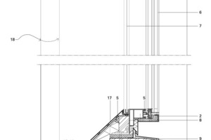  	1	Natursteinverblender mit Mauerwerk verzahnt	2	Aluminiumprofil auf Dämmung verklebt	3	Adapterrahmen mit Klemmsystem befestigt	4	Aluminiumtragprofil mit Nut und Profilierung	5	Heizung unter Blech bzw. am Rahmen befestigt	6	Structual Glazing	7	Sonnenschutzrollo	8	Öffnung für Falzentwässerung	9	Aluminium-Fensterbank	10	Naturstein-Fensterbank	11	Brüstung (wandbündig ausgemauert)	12	Putzlehre (Stahlblech)	13	Aluminium-Kederrahmen	14	Wanne zur Aufnahme der LEDs	15	LED-Beleuchtung	16	Kunststoffabdeckung	17	Stahlblech matt	18	Abluft	19	Stoffscreen 