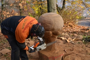  Währen die Gäste im Hambacher Schloss den Vorträgen lauschten, fertigte draußen ein Künstler mit einer Kettensäge eine Skulptur an ... 