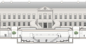  Ansicht der Gartenfront von Schloss Herrenhausen mit Schnitt durch das unterirdische Auditorium 