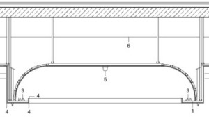  Detailschnitt Decke, Maßstab 1 : 50	1	Abgehängte GK-Decke	2	Akustikdecke	3	Beleuchtungskörper	4	Eckschutzprofile	5	Rauchmelder	6	Unterkante Nebenträger	7	Schutzschiene	8	GK-Schott	9	L-Metallprofil	10	UPE 120	11	Schattenfuge 