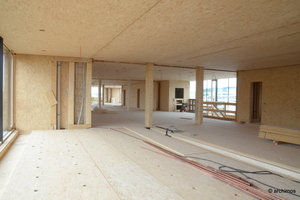  Versetzt angeordnete Boxen von zwei „Modul-Räumen“ mit BS-Holz-Stützen und den 11,40 m weitspannenden Decken- und Boden-Elementen


 