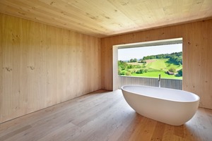  Die allseitig mit Holz verkleideten „Kammern“ der Wohnungen bilden einen starken Kontrast zu den weitläufige, ganz in weiß gehaltenen offenen Räumen (siehe großes Foto auf voriger Seite) Foto: Architekturfotografie Sabrina Scheja 