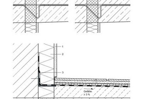  Falsch (oben links): Fehlende Dämmung am Sockel
Falsch (oben rechts): Abdichtung auf dem WDVS
Sanierungsvorschlag (unten): Anschluss Balkon – WDVS Variante mit Sockelputz
Abbildung: Joachim Schulz 