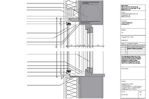  Fensterdetail, Maßstab 1:10 1 Mauerwerk verputzt, Rollladenkasten über Fenster 2 Vormauerung Poroton WDF 180 mm 3 Ziegelsturz 115 x 113 mm, dahinter Perlite-Sturz-Dämmplatte 4 Stahlwinkel 420 x 180 x 6 mm, 2 Dübel FHB II A-L  5 Wärmedämmung mit Bauschaum 