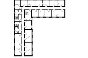  Grundriss Erdgeschoss, Maßstab 1:400 1 Treppenhaus 2 Flur 3 Zimmer 4 WC 5 Duschen 6 Waschraum 7 Küche 8 Haustechnik 