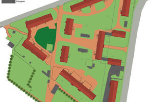  Die großzügige und grüne Wohnsiedlung, insgesamt 2,2 Hektar groß, besteht aus zwölf Haupthäusern und mehreren Nebengelassen.   Skizze: KNAUF AQUAPANEL GMBH 
