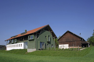  Nach Umbau zum Einfamilienwohnhaus öffnet sich die ehemalige Scheune über großzügige Fenster- und Türöffnungen nach außen. Noch mehr Tageslicht gelangt durch die von den Architekten als Lichtkanonen bezeichneten Erker im Dachgeschoss ins HausFoto: Robert Mehl  